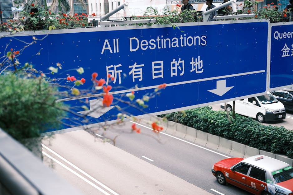 A blue traffic sign in an urban setting directs toward various destinations, with cars below.